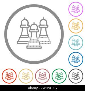 Trois évêques d'échecs délimitent des icônes de couleur plate dans des contours ronds sur fond blanc Illustration de Vecteur