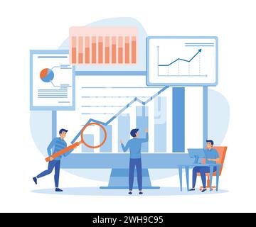 Concevez des statistiques et des analyses de données pour l'investissement financier des entreprises, avec l'équipe de gens d'affaires travaillant sur le tableau de bord graphique du moniteur. vecteur plat moderne Illustration de Vecteur