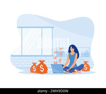 Jeune femme travaillant devant un ordinateur portable avec de l'argent autour d'elle. illustration moderne vectorielle plate Illustration de Vecteur