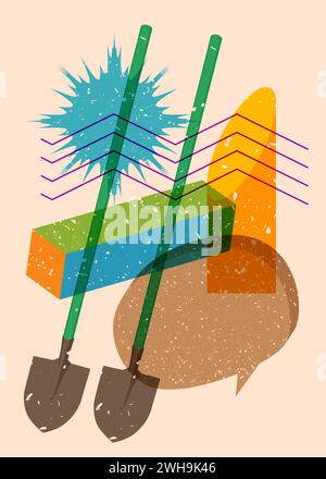 Risograph Spade, pelle avec bulle de parole avec des formes géométriques. Les objets dans le graphique riso à la mode impriment la conception de style de texture avec des éléments géométriques. Illustration de Vecteur