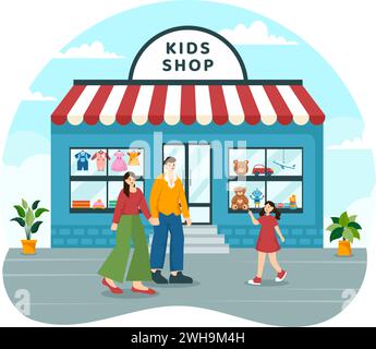 Illustration vectorielle de magasin pour enfants avec des équipements pour enfants garçons et filles tels que des vêtements ou des jouets pour le concept de shopping en fond de dessin animé plat Illustration de Vecteur