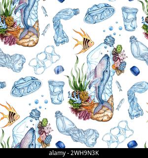 Motif d'illustration aquarelle de baleine dans la bouteille et les déchets en plastique, pollution de l'océan avec des déchets en plastique. Les produits en plastique sont recyclables. Isolé sur Banque D'Images