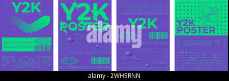 Modèle d'affiche dans le style y2k avec motif de grille de distorsion et formes sur fond de néon lumineux. Ensemble vectoriel de mise en page de bannière graphique dans rétro futuriste c Illustration de Vecteur