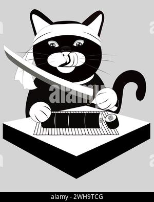 Chat noir affamé japonais coupant des sushis roulés avec du Katana. Chat samouraï vecteur avec katana pour la conception Illustration de Vecteur