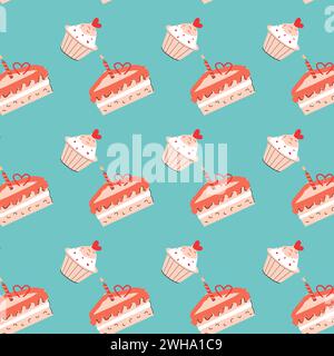 Gâteau rose et muffin cupcake motif sans couture avec coeur. Illustration vectorielle sur fond bleu. Illustration de Vecteur