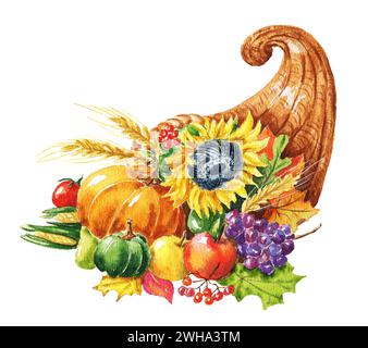 Cornucopia à l'aquarelle dessinée à la main avec récolte de la saison d'automne, citrouille, tournesol, pomme et raisin. Illustration de nourriture isolée sur fond blanc. Banque D'Images