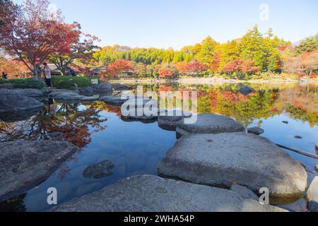 Vue panoramique d'automne au jardin japonais de Showa Kinen Koen ou parc commémoratif Showa avec des feuilles rouges et des arbres colorés, Tachikawa, Tokyo, Japon Banque D'Images