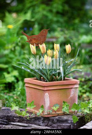 Bel arrangement floral avec des fleurs sauvages, mini, tulipes jaunes dans un pot de fleurs en terre cuite altérée avec un décor d'oiseau rouille. Banque D'Images