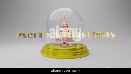 Image de joyeux texte de noël sur boule de neige avec arbre de noël Banque D'Images