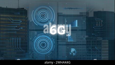 Image du texte 6g, du traitement des données et de la carte de circuit imprimé de l'ordinateur Banque D'Images