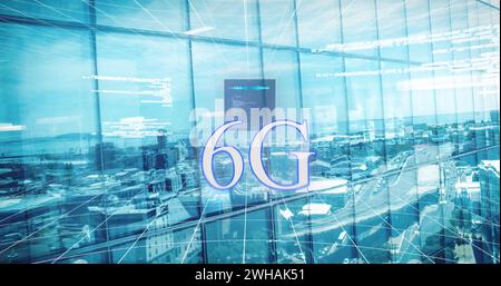 Image de texte 6g, traitement de données et paysage urbain Banque D'Images