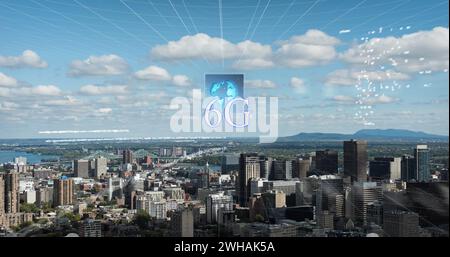 Image de texte 6g, traitement de données et paysage urbain Banque D'Images