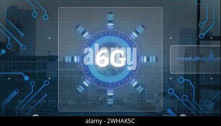 Image du texte 6g, du traitement des données et de la carte de circuit imprimé de l'ordinateur Banque D'Images