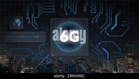 Image du texte 6g, du traitement des données et de la carte de circuit imprimé de l'ordinateur Banque D'Images