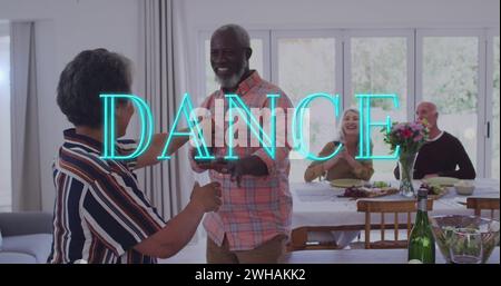 Image d'un texte de danse sur un groupe diversifié de personnes âgées dansant Banque D'Images