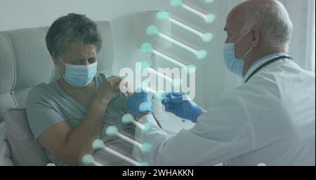 Image d'un brin d'adn sur une patiente afro-américaine vaccinée par un médecin Banque D'Images