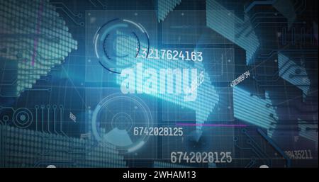 Image des oscilloscopes scannant, traitement des données avec des flèches brillantes sur fond bleu Banque D'Images