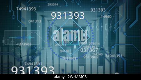Image de l'oscilloscope scannant les chiffres changeant, traitement des données financières en arrière-plan Banque D'Images