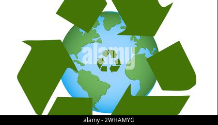 Image du symbole de recyclage au-dessus du globe sur fond blanc Banque D'Images