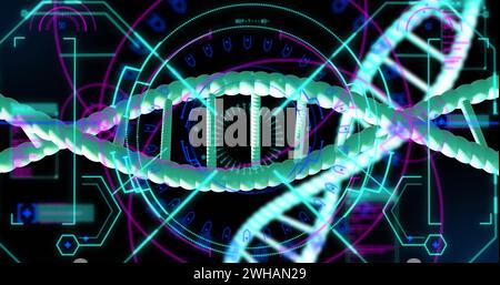 Image de brins d'adn tournant avec traitement des données sur fond noir Banque D'Images