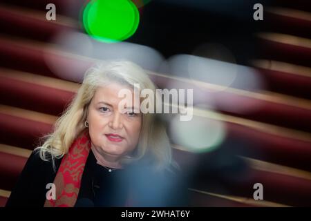 Berlin, Allemagne. 09th Feb, 2024. Kristin Brinker, chef du groupe parlementaire AFD à la Chambre des représentants de Berlin, commente la désinvitation de la Berlinale à la Chambre des représentants de Berlin. Crédit : Christoph Soeder/dpa/Alamy Live News Banque D'Images