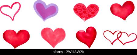 Collection de coeurs de différents designs.Aquarelle et marqueur illustration.Clip art pour la décoration de la saint-valentin, fête des mères, fête des pères.main Illustration de Vecteur