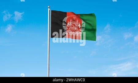 Drapeau détaillé élevé de l'Afghanistan. Drapeau national de l'Afghanistan. Fond vert. Illustration 3D. Banque D'Images