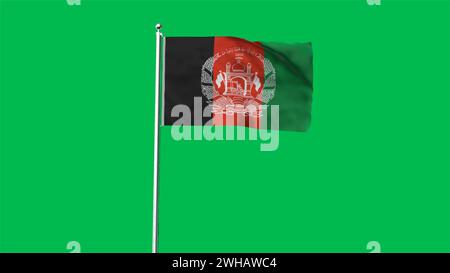 Drapeau détaillé élevé de l'Afghanistan. Drapeau national de l'Afghanistan. Fond vert. Illustration 3D. Banque D'Images
