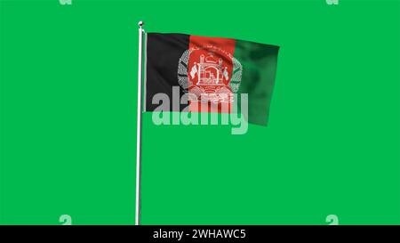 Drapeau détaillé élevé de l'Afghanistan. Drapeau national de l'Afghanistan. Fond vert. Illustration 3D. Banque D'Images