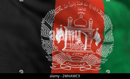 Drapeau détaillé élevé de l'Afghanistan. Drapeau national de l'Afghanistan. Fond vert. Illustration 3D. Banque D'Images