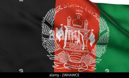 Drapeau détaillé élevé de l'Afghanistan. Drapeau national de l'Afghanistan. Fond vert. Illustration 3D. Banque D'Images