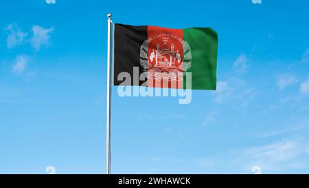 Drapeau détaillé élevé de l'Afghanistan. Drapeau national de l'Afghanistan. Fond vert. Illustration 3D. Banque D'Images