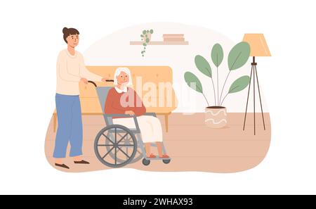 Etablissement de soins résidentiels. Travailleur social prenant en charge les personnes âgées handicapées en fauteuil roulant. Femme âgée vivant dans une maison de personnes âgées. Soins à domicile Illustration de Vecteur