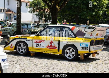 Barcelos, Portugal - 03 juin 2023 : Audi Quattro S1 E2, une voiture de rallye légendaire de l'ère du Groupe B, exposée au Rallyspirit 2023 Banque D'Images