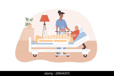 Médecin ou infirmière visite patient à la maison de vieillesse. Travailleur médical travaillant à l'hôpital. Homme âgé malade allongé sur le lit. Services de soins à domicile pour personnes âgées Illustration de Vecteur
