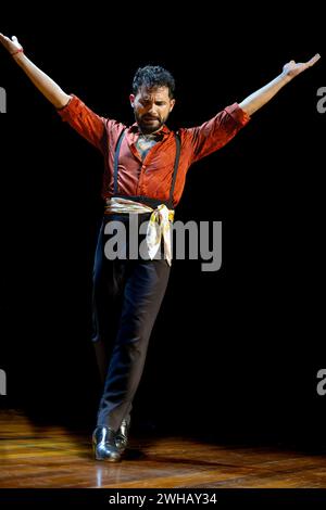 Un danseur de flamenco masculin ouvre les bras en largeur, canalisant l'intensité de la performance sur une scène sombre, photo verticale. Banque D'Images