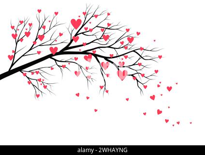 Arbre en floraison printanière avec des coeurs. Symbole saisonnier de l'amour isolé sur un fond blanc Illustration de Vecteur