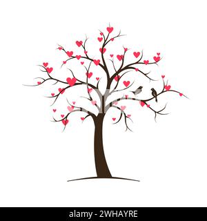 Arbre en floraison printanière avec des coeurs. Symbole saisonnier de l'amour isolé sur un fond blanc Illustration de Vecteur