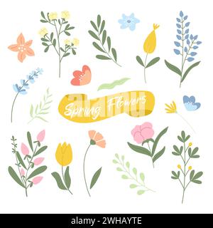 Ensemble dessiné à la main de fleurs de printemps élégantes. Illustration de Vecteur