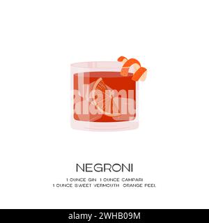 Cocktail Negroni dans un verre à l'ancienne avec glace. Affiche rétro de l'apéritif italien d'été. Décoration murale minimaliste avec boissons alcoolisées Illustration de Vecteur