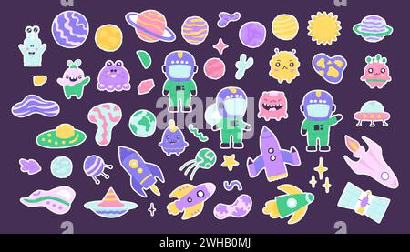 Espace avec de mignons éléments galaxiques : planètes, constellations, fusées, astronautes, monstres. Éléments de dessin animé à plat dessinés à la main. Illustration vectorielle Illustration de Vecteur