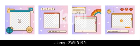 Ensemble de modèles linéaires de publications ou de témoignages ig Vaporwave pour les médias sociaux. Rétro abstrait 80s 90s arrière-plans esthétiques groovy avec un vieil utilisateur d'ordinateur Illustration de Vecteur