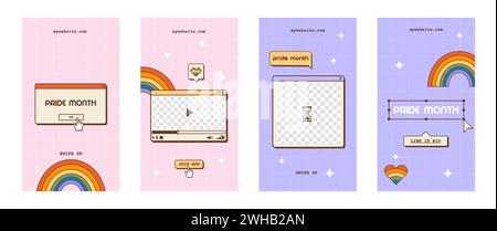 Ensemble d'histoires de médias sociaux rétro Vaporwave pour le mois de la fierté LGBTQ. Bannière ou affiche verticale esthétique Y2K. Modèle d'histoire queer avec vieil ordinateur Illustration de Vecteur