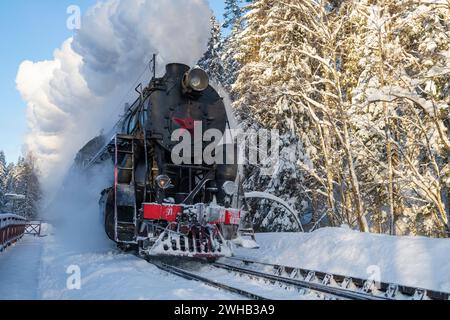 Ruskeala, RUSSIE - 20 JANVIER 2024 : le train rétro 'Ruskeala Express' arrive à la station Ruskeala Mountain Park par un jour de janvier glacial Banque D'Images