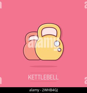 Icône kettlebell dans un style comique. Illustration vectorielle de dessin animé d'équipement de sport Barbell sur fond isolé. Concept d'entreprise à effet éclaboussure d'haltère. Illustration de Vecteur