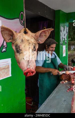 Une tête de porc sur un crochet à viande dans une boucherie en plein air à Bonao, République dominicaine. Le boucher coupe en arrière-plan. Banque D'Images