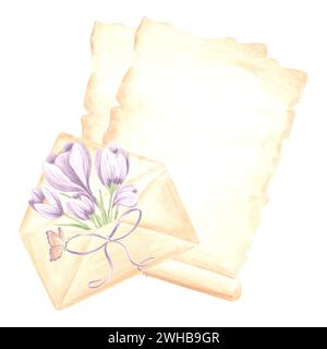 Feuilles de papier parchemin et enveloppe avec bouquet de fleurs de croque, arc et papillon. Fournitures d'écriture. Illustration isolée à l'aquarelle dessinée à la main Banque D'Images
