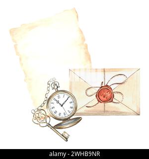 Feuille de vieux papier manuscrit parchemin, enveloppe, montre de poche et clé. Modèle d'illustration d'aquarelle dessiné à la main de lettre vintage. Rétro isolé Banque D'Images