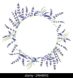 Aquarelle ronde délicate cadre floral de fleurs de lavande violette. Modèle à partir d'herbes naturelles avec espace de copie. Illustration isolée dessinée à la main wil Banque D'Images