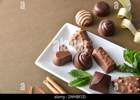 Assortiment de bonbons au chocolat sur plaque en céramique blanche sur une table brune avec des feuilles de menthe et des bâtonnets de cannelle. Vue surélevée de dessus. Banque D'Images